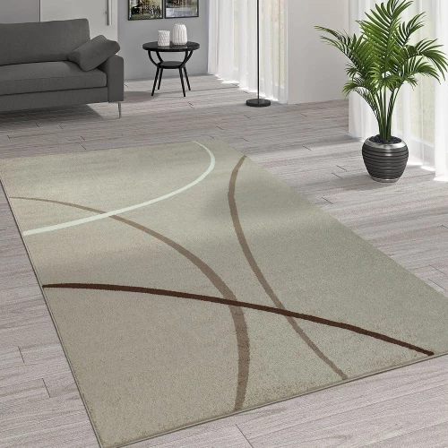 Kurzflor Wohnzimmer Teppich Trendige Moderne Linien Muster In Beige Creme Braun