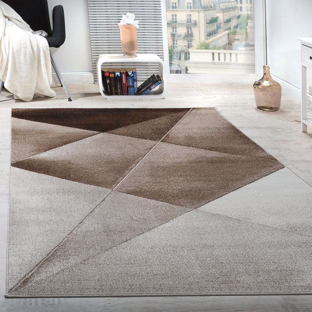Kurzflor Wohnzimmer Teppich Trendige Moderne Linien Muster In Beige Creme Braun 