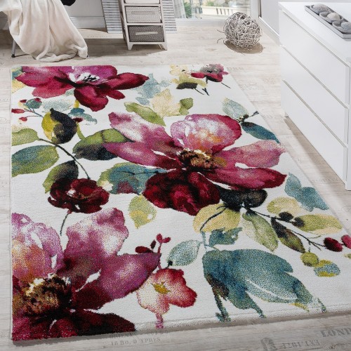 Teppich Modern Leinwand Optik Teppich Blumen Muster Bunt Farbmix Multicolour 