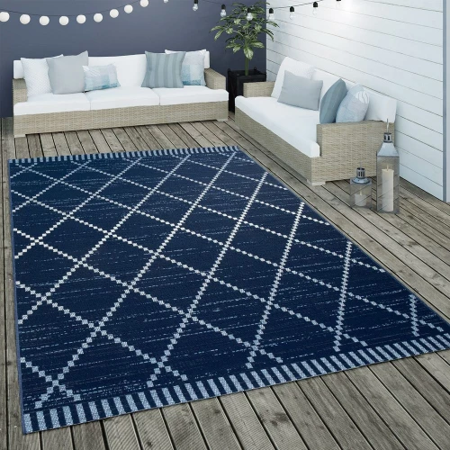 In- & Outdoor Flachgewebe Teppich Ethno Geometrisch Skandi-Design In Blau Weiß