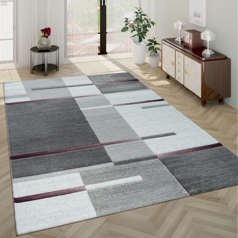 Kurzflor Teppich Lila Grau für Wohnzimmer Schlafzimmer Geometrischer Look 