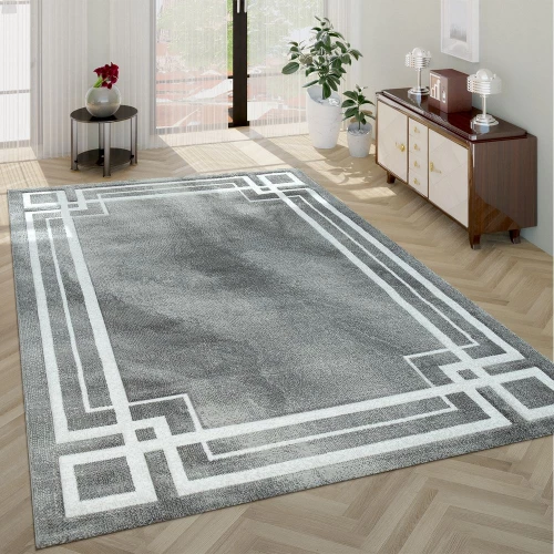 Moderner Hochwertiger Kurzflor Wohnzimmer Teppich Klassisch Bordüre Grau Weiß 