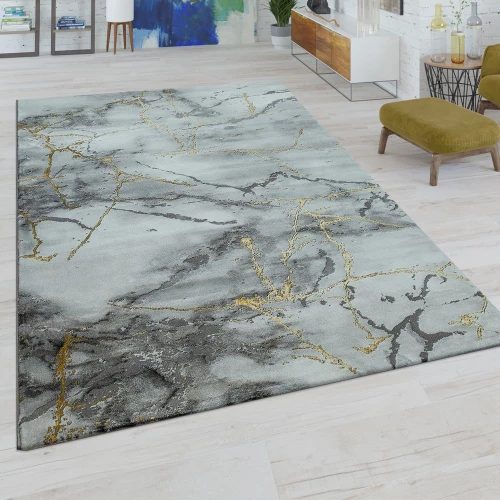 Kurzflor Wohnzimmer Teppich Modern Marmor Design Abstraktes Muster Grau Gold