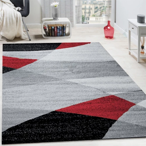 Designer Teppich Modern Geschwungene Wellen Linien Muster Kurzflor Meliert Rot