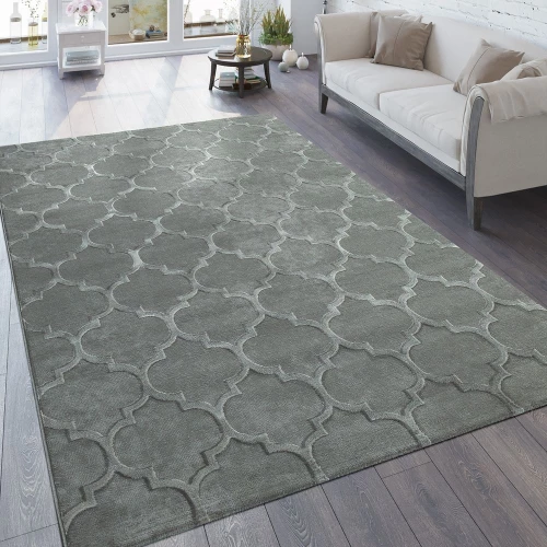 Designer Teppich Wohnzimmer 3D Effekt Marokkanisches Muster In Grau