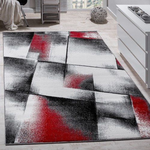 Designer Teppich Modern Wohnzimmer Teppiche Kurzflor Meliert Rot Grau Schwarz
