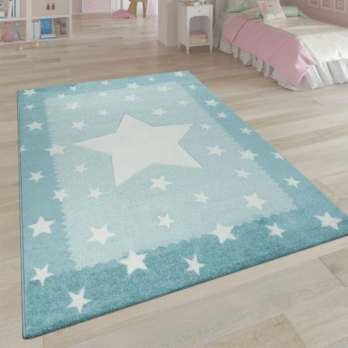 Teppich Kinderzimmer Blau Pastellfarben Weich 3-D Stern Design Bordüre Kurzflor