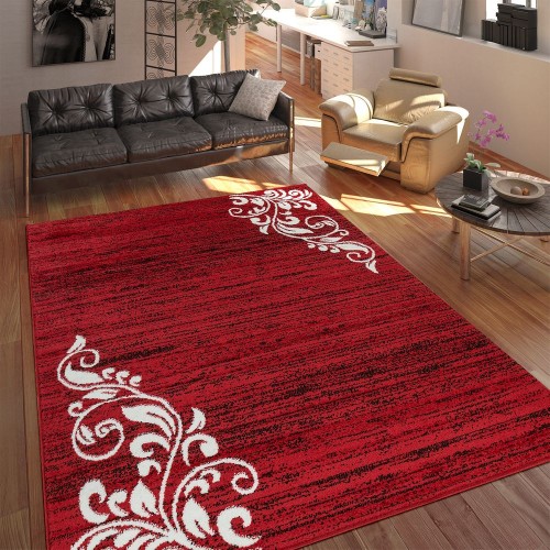 Teppich Wohnzimmer Modern Kurzflor Mehrfarbig Muster Floral Ornament Rot