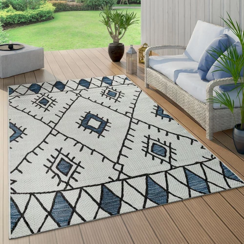 In- & Outdoor Teppich Flachgewebe Geometrisch Abstrakt Rauten Design Ethno Blau 