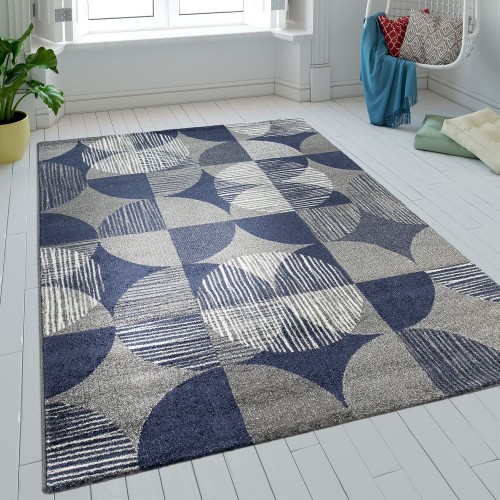 Teppich Wohnzimmer Kurzflor Kreise Karo Design Batik In Blau Grau Retro Optik