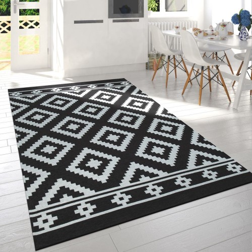 Wohnzimmer Teppich Schwarz Weiß Skandi Design Rauten Muster Robust Kurzflor