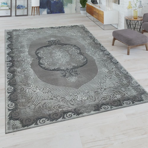 Kurzflor Wohnzimmer Teppich Orientalisches Design In Grau