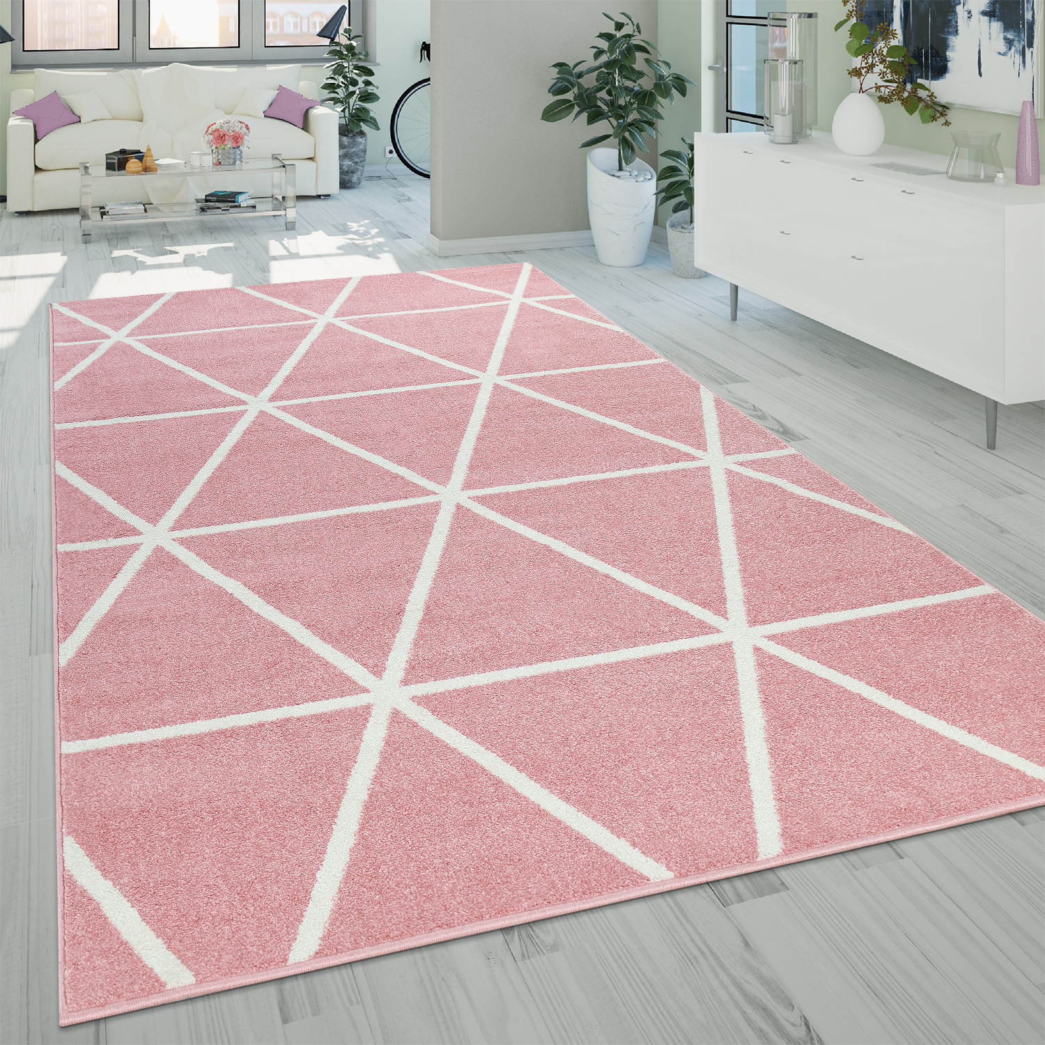 Kurzflor Soft Teppich Rosa Pink für Wohnzimmer moderne Wellen Linien Muster 