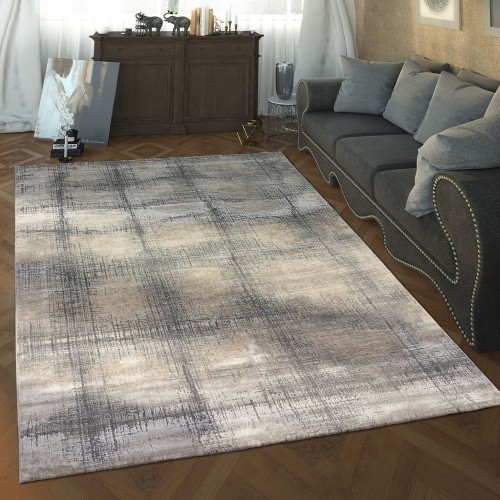 Designer Wohnzimmer Teppich Hoch Tief Struktur Karo Muster Modern In Grau Weiß