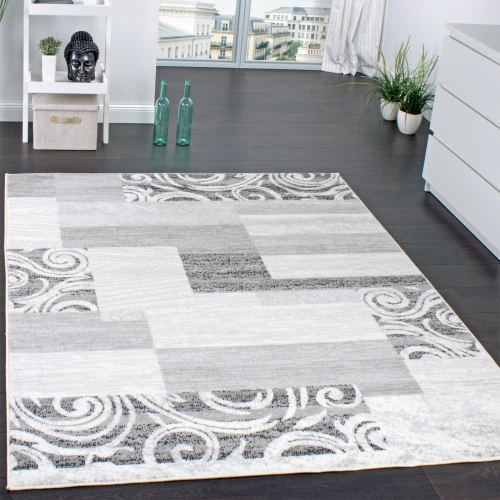 Designer Teppich Wohnzimmer Teppich Kurzflor Muster in Grau Creme Preishammer