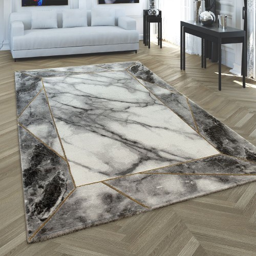 Wohnzimmer Teppich Grau Gold 3-D Bordüre Marmor Muster Strapazierfähig Kurzflor