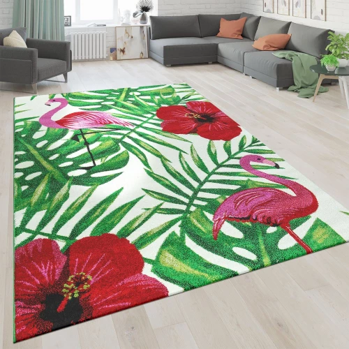 Kurzflor Wohnzimmer Teppich Greenery Design Blumen Flamingo Weiß Rot Grün