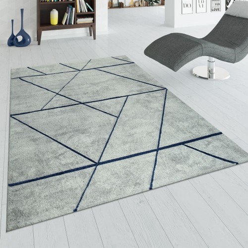 Kurzflor Teppich Wohnzimmer Grau Blau Marmor Design 3-D Muster Kurzflor Weich