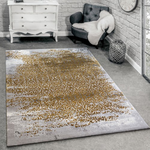 Designer Teppich Modern Wohnzimmerteppich Mit Muster Ornamente Grau Honig-Gelb