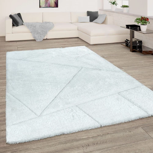 Hochflor Teppich Wohnzimmer Weiß Shaggy Weich Flauschig Muster 3-D Design Robust