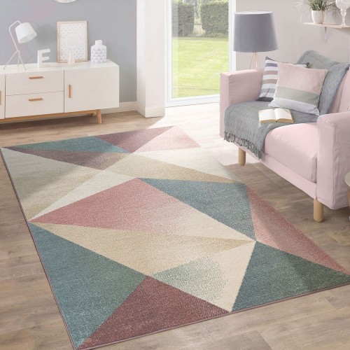 Teppich Wohnzimmer Kurzflor Modern Geometrisches Design In Pastell Ausverkauf
