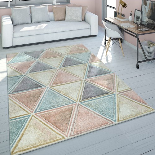 Wohnzimmer Teppich Bunt Kurzflor Pastellfarben Used Look Rauten Design Dreieck 