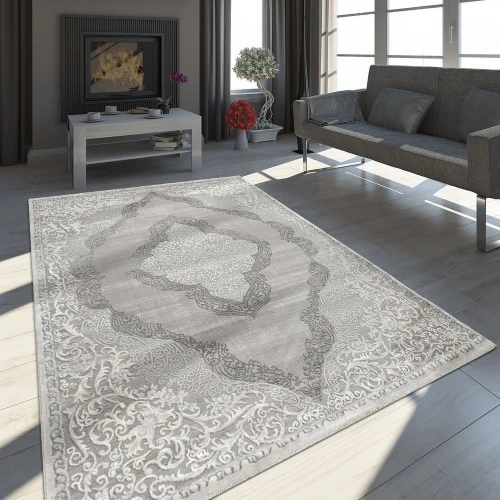 Orient Teppich Modern 3D Effekt Meliert Schimmernd Ornamente In Grau Weiß