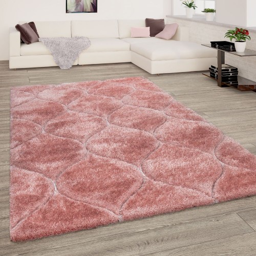 Wohnzimmer Teppich Rosa Pink Weich Hochflor Shaggy Flauschig 3-D Wellen Muster