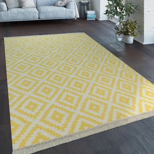 Teppich Modern Marokkanische Muster Handgewebt Skandi Rauten Fransen Gelb Weiß