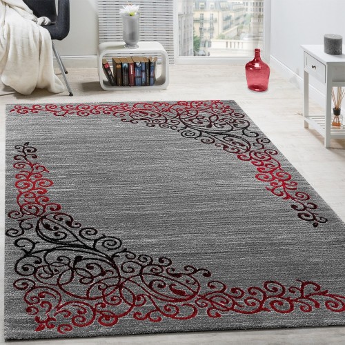 Designer Teppich Mit Floral Muster Glitzergarn Rot Grau Anthrazit Meliert
