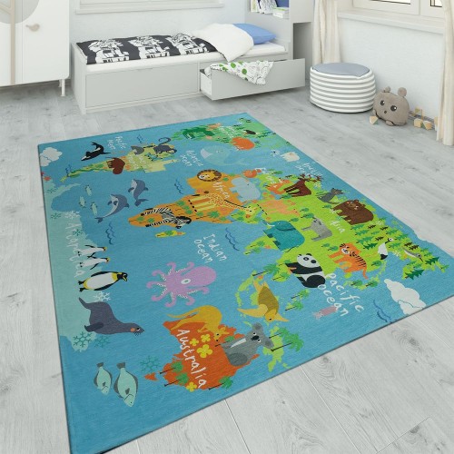 Kinderteppich Spielzimmer Weltkarte Mit Tieren Blau