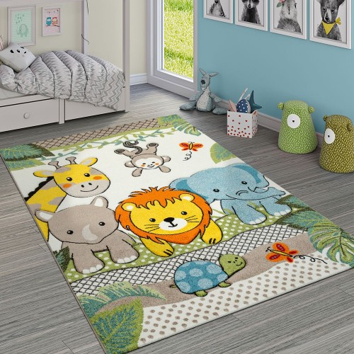 Kinderzimmer Teppich Bunt Grün Fröhliche Tiere Zoo Dschungel Muster 3-D Design