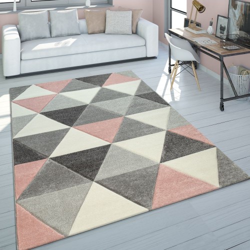 Teppich Wohnzimmer Rosa Grau Pastellfarben 3-D Design Dreieck Muster Kurzflor