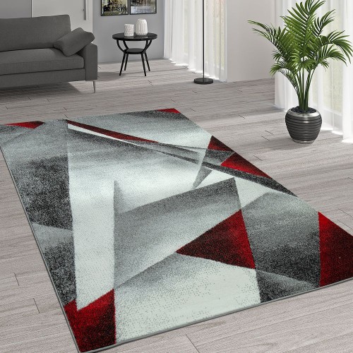 Kurzflor Wohnzimmer Teppich Moderne Melierung Geometrische Muster Grau Rot