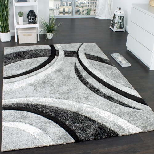 Designer Teppich mit Konturenschnitt Muster Gestreift Grau Schwarz Creme Meliert