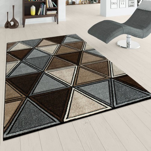 Kurzflor Teppich Grau Beige Braun Wohnzimmer 3-D Design Rauten Muster Modern