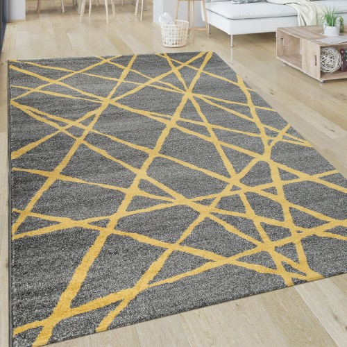Teppich Wohnzimmer Muster Gestreift Modern Kurzflor Abstrakt Linien In Gelb Grau