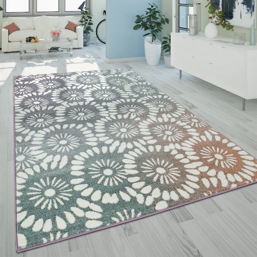 Kurzflor Wohnzimmer Teppich Modern Abstraktes Florales Design Retro Mehrfarbig 