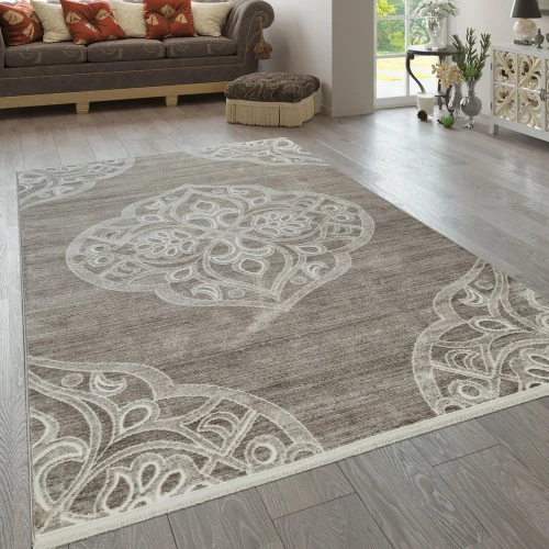 Teppich Wohnzimmer Klassisch Muster Orientalisch Kurzflor Ornamente Beige Weiß