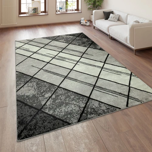 Designer Wohnzimmer Teppich Modern Kurzflor Geometrische Muster Schwarz Grau