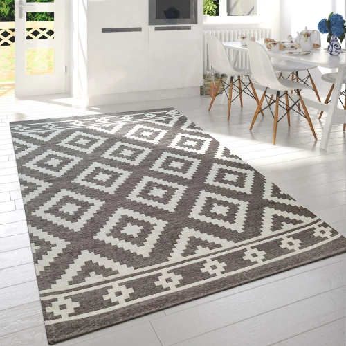 Moderner Wohnzimmer Kurzflor Teppich Skandi Design Rauten Muster In Grau Weiß