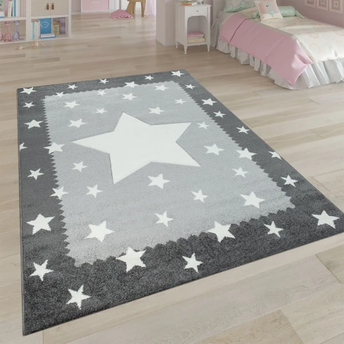 Kinderteppich Grau Weiß Kinderzimmer 3-D Bordüre Sternen Design Weich Robust