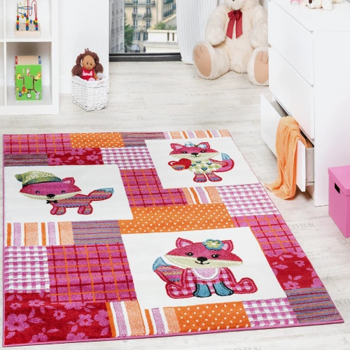 Teppich Kinderzimmer niedliche Füchse Kinderteppich Fuchs Mehrfarbig Pink Creme