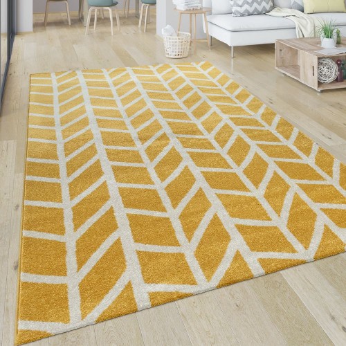 Teppich Wohnzimmer Muster Geometrisch Modern Kurzflor Streifen In Gelb Weiß