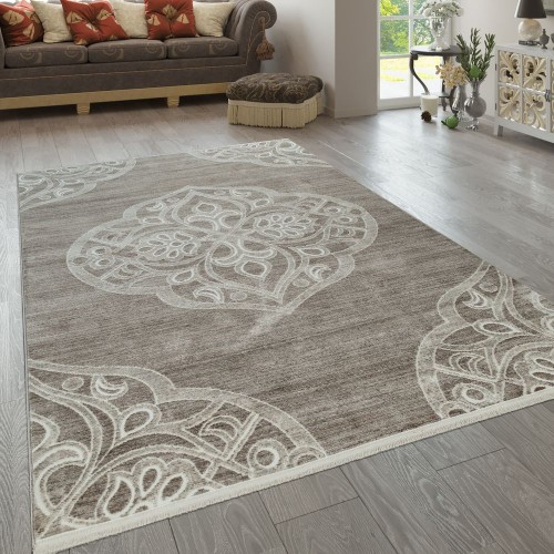 Teppich Wohnzimmer Klassisch Muster Orientalisch Kurzflor Ornamente Beige Weiß