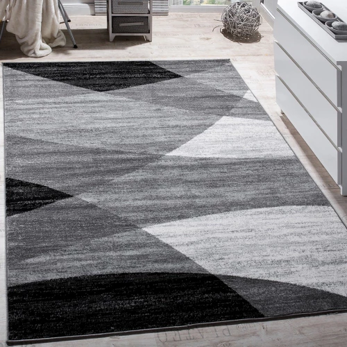 Designer Teppich Modern Geschwungene Wellen Linien Muster Kurzflor Meliert Grau