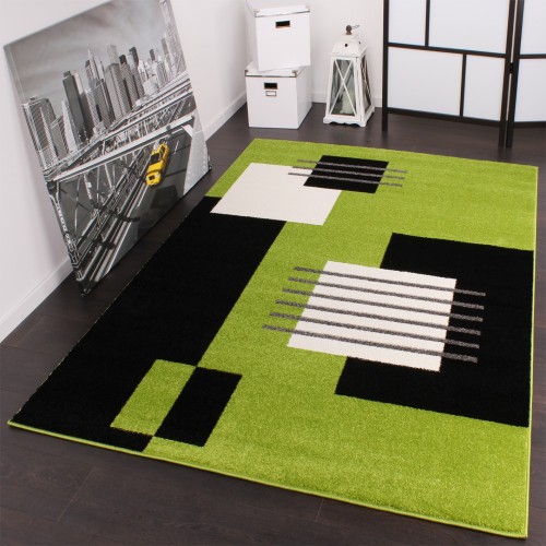 Designer Teppich Modern Karo in Grün Schwarz Weiss Top Qualität zum Top Preis