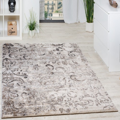 Teppich Modern Webteppich Hochwertig Mit Floral Muster Beige Grau Creme 