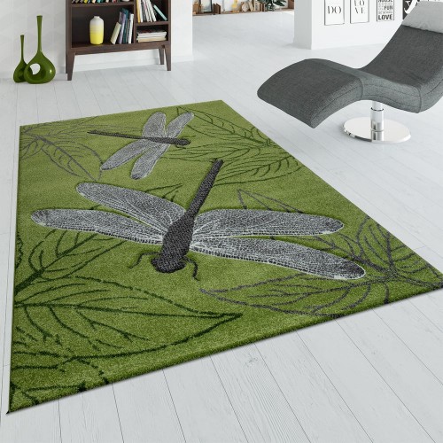 Teppich Wohnzimmer Kurzflor Grün Grau 3-D Effekt Libellen Design Blätter Muster