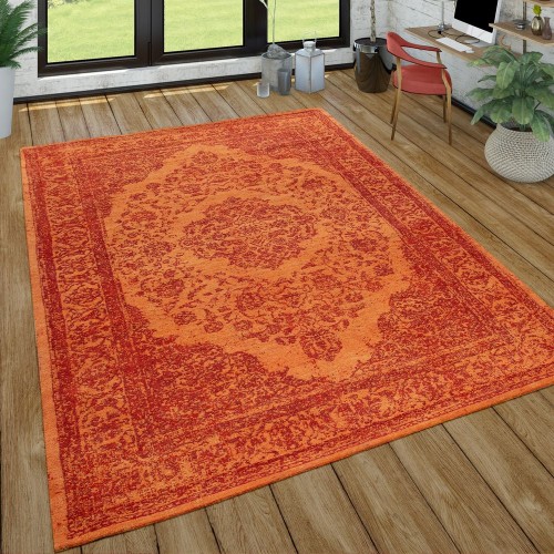 Orient Kurzflor Teppich Wohnzimmer Orientalisches Design Used-Look In Orange
